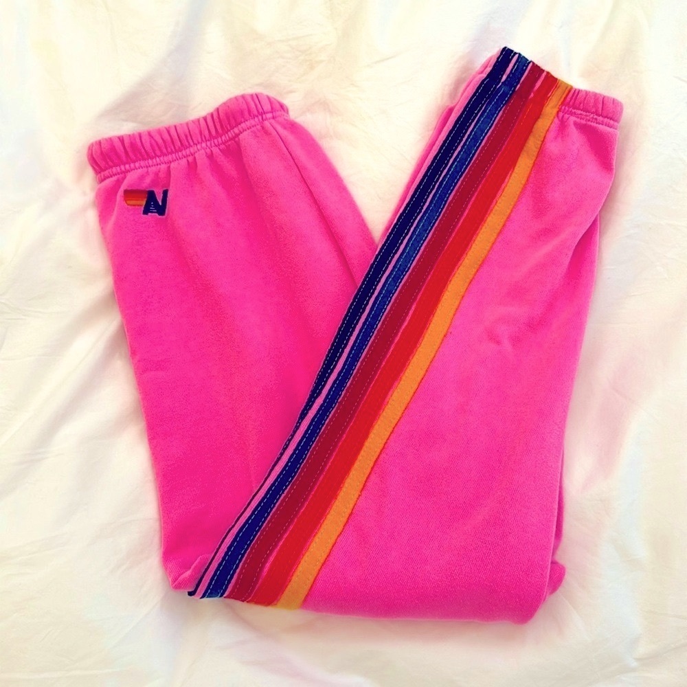 Aviator Nation 5 stripe sweatpants in neon pink